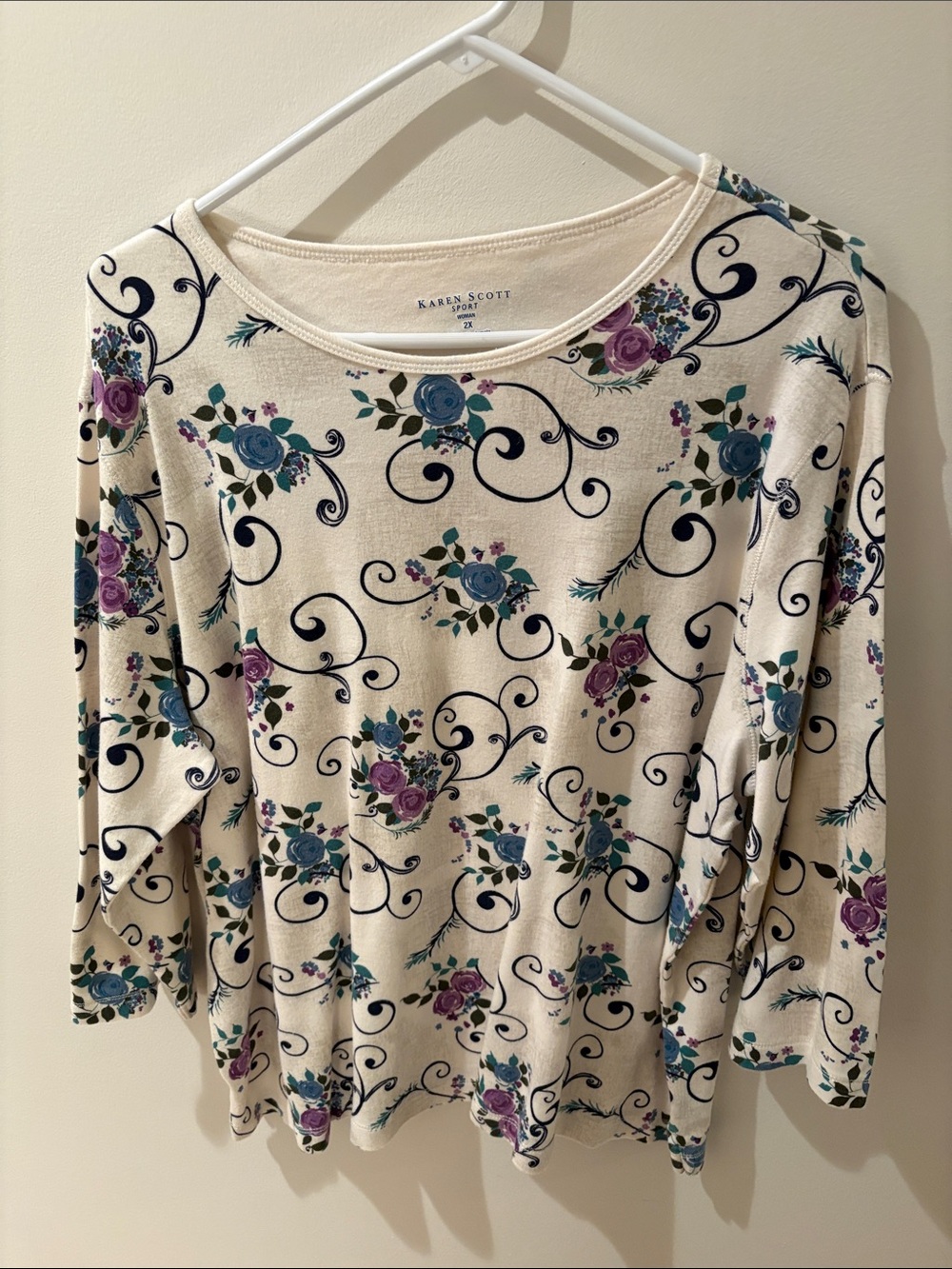 Karen Scott Cream Floral Boatneck Long Sleeve Top with Blue and Purple Roses